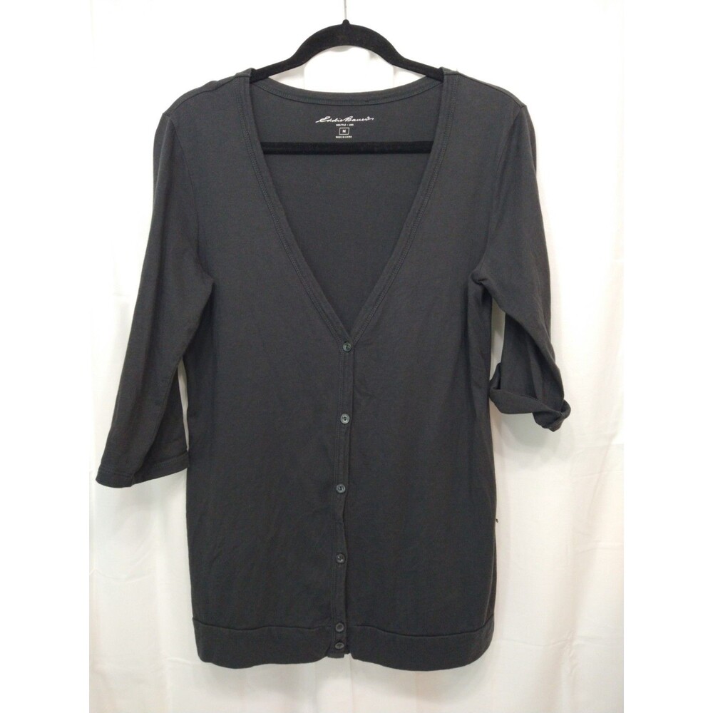 Eddie Bauer Size M Womens Lightweight Cardigan Sweater Gray Button Up 3/4 Sleeve
